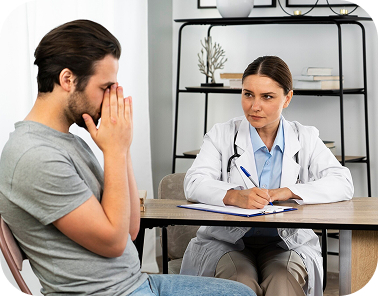 Female doctor sitting at a desk taking notes and looking at male patient who's pressing his fingers to his forehead
