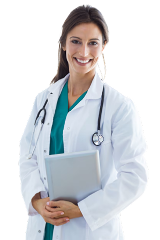 Smiling female doctor in a white coat holding a clipboard and wearing a stethoscope